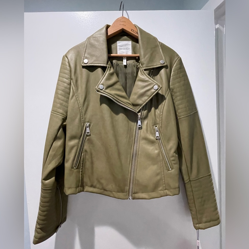 Avec Les Filles Faux Leather Moto Jacket size M, Olive green color, NWT
